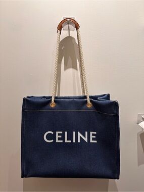 Celine Navy Canvas Tote with White Logo and Rope Straps